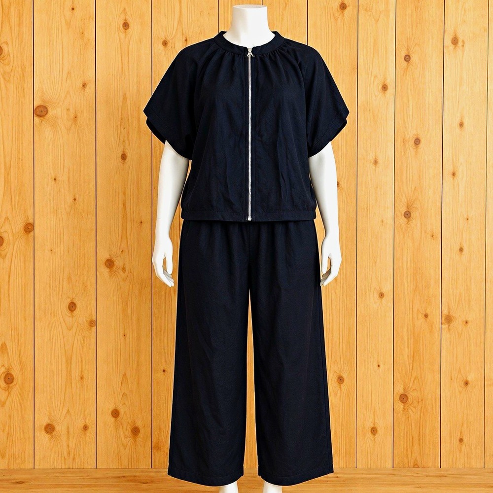 Women's Black 2-Piece Outfit Set High Neck Zip Jacket Wide-Leg Pants M[A5]